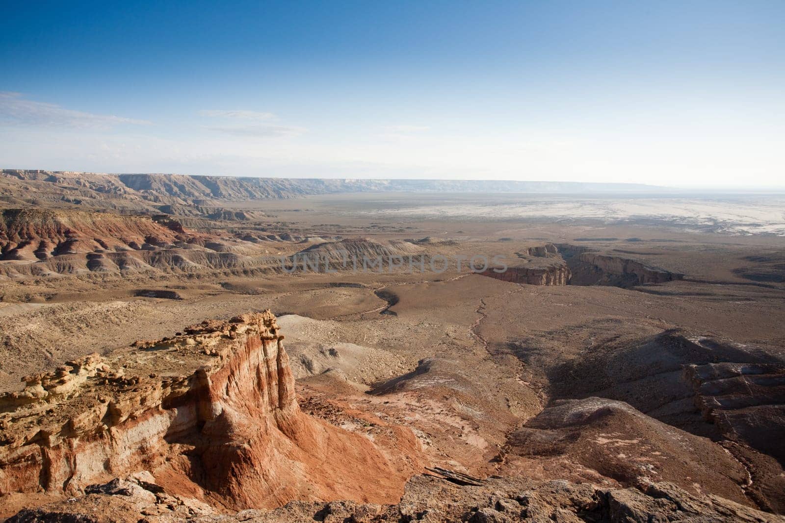 Monument rock view, Mangystau region landscape, Kokesem area, Kazakhstan. Central asia panorama.