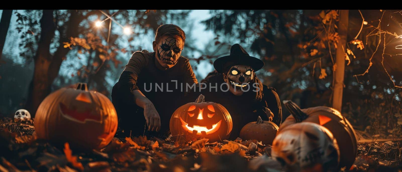 Two individuals in spooky costumes are carving pumpkins among fallen leaves. The Halloween atmosphere is enhanced by glowing jack-o'-lanterns and eerie lighting.