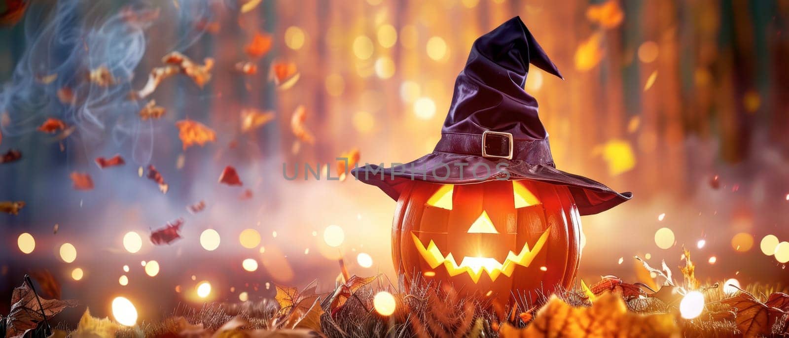 A carved pumpkin with a witch hat sits on the ground amidst fallen leaves, illuminated by an enchanting glow. The backdrop features blurred autumn trees and swirling mist.