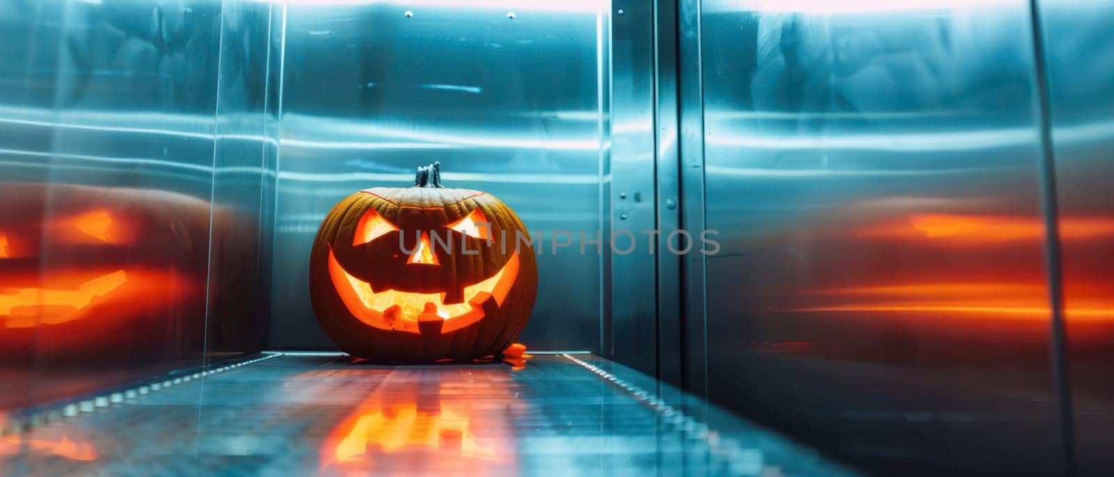 A carved pumpkin with a sinister grin and glowing interior rests on a sleek elevator floor. The metallic walls reflect eerie light, creating a spooky atmosphere for Halloween night.