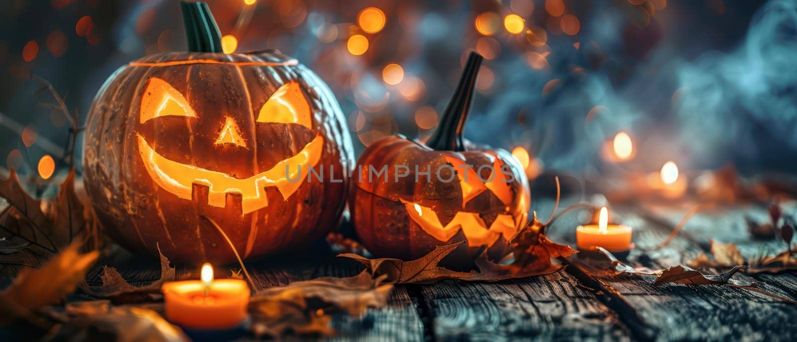 Two carved pumpkins with cheerful faces emit a warm glow, surrounded by autumn leaves and flickering candles, creating a festive Halloween atmosphere in the evening light.