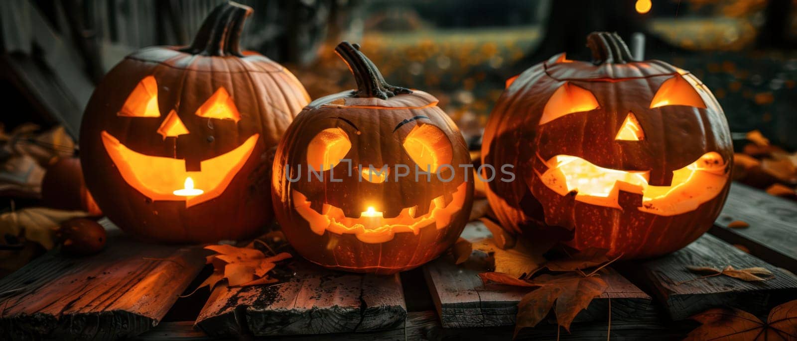 Three creatively carved pumpkins illuminate the twilight as they sit atop a rustic wooden surface, surrounded by fallen leaves, embodying the spirit of Halloween festivities.