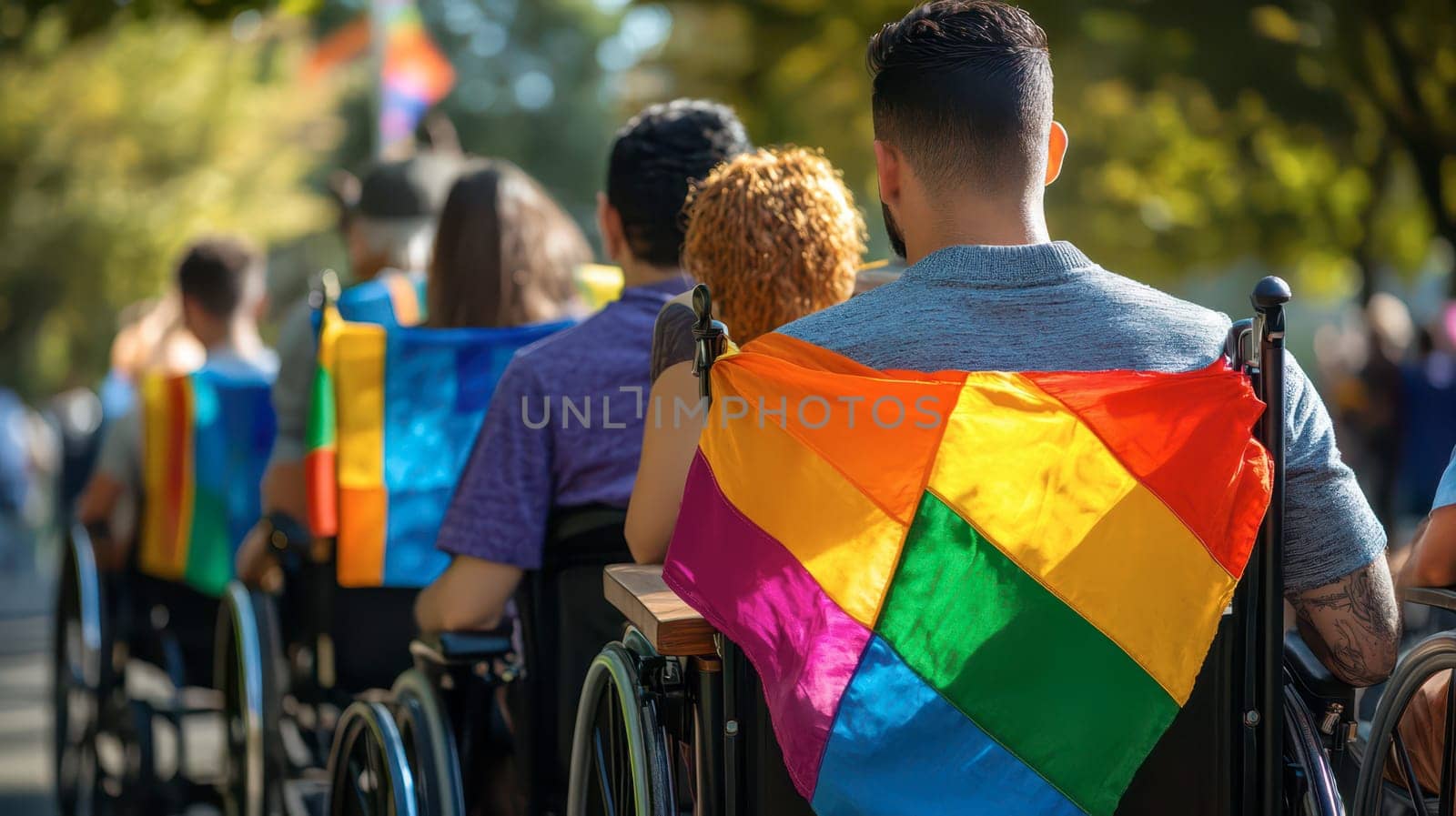 Individuals in wheelchairs take part in a pride celebration, displaying colorful flags as they embrace inclusivity and community spirit during the sunny event.