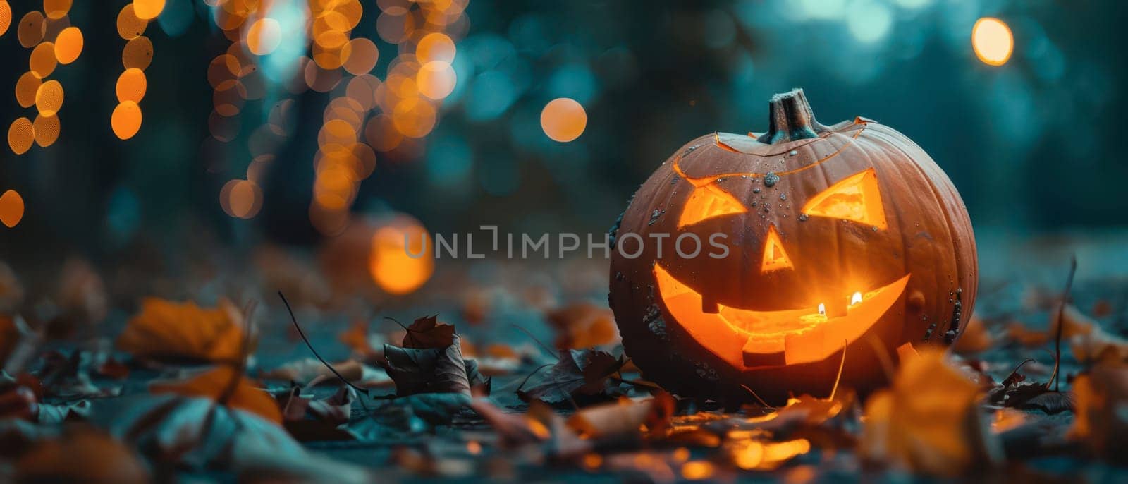 A carved pumpkin emits a warm glow, sitting on a bed of colorful autumn leaves. Soft lights twinkle in the background, creating a festive Halloween atmosphere during twilight.