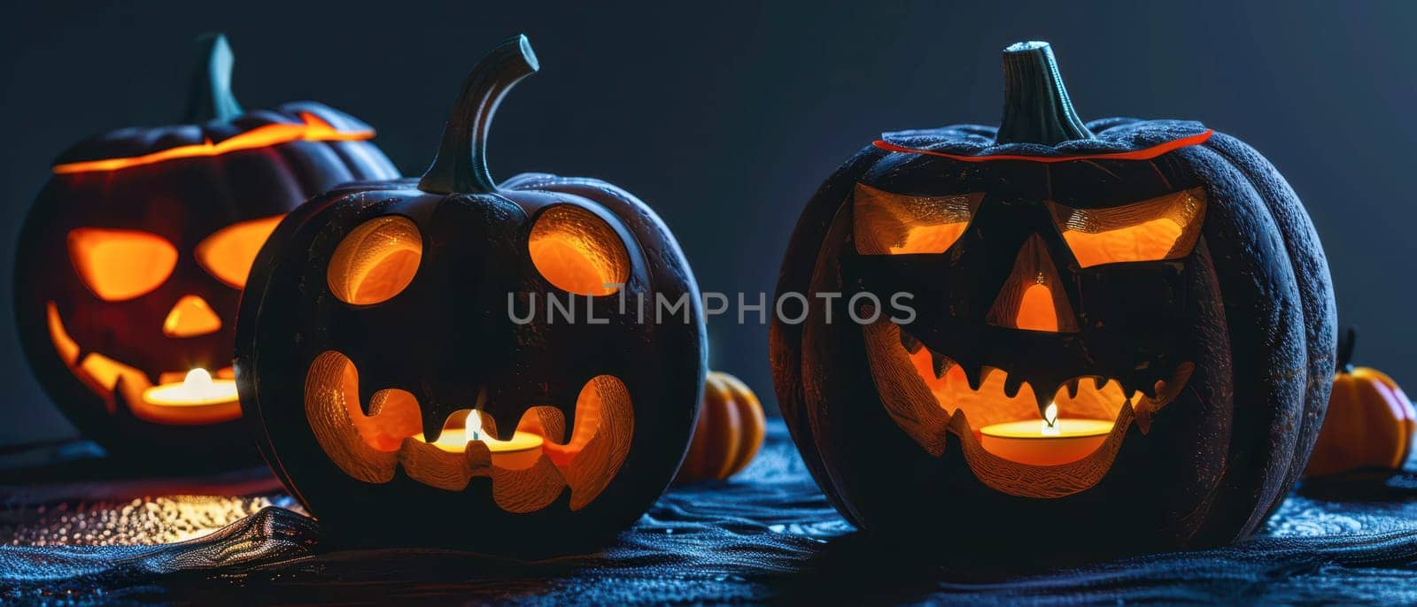 Three creatively carved pumpkins flicker with candlelight, showcasing unique faces. The warm glow contrasts with the darkness of the night, enhancing the Halloween ambiance.