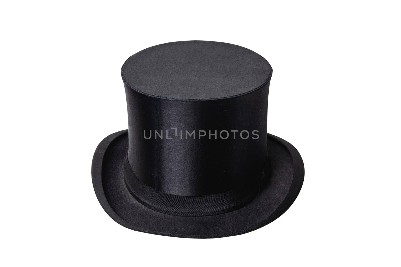 Chapeau claque. Antique black top hat. Old top hat. Folding cylinder. Cylinder hat isolated on a white background. Vintage men fashion. Clipping path.