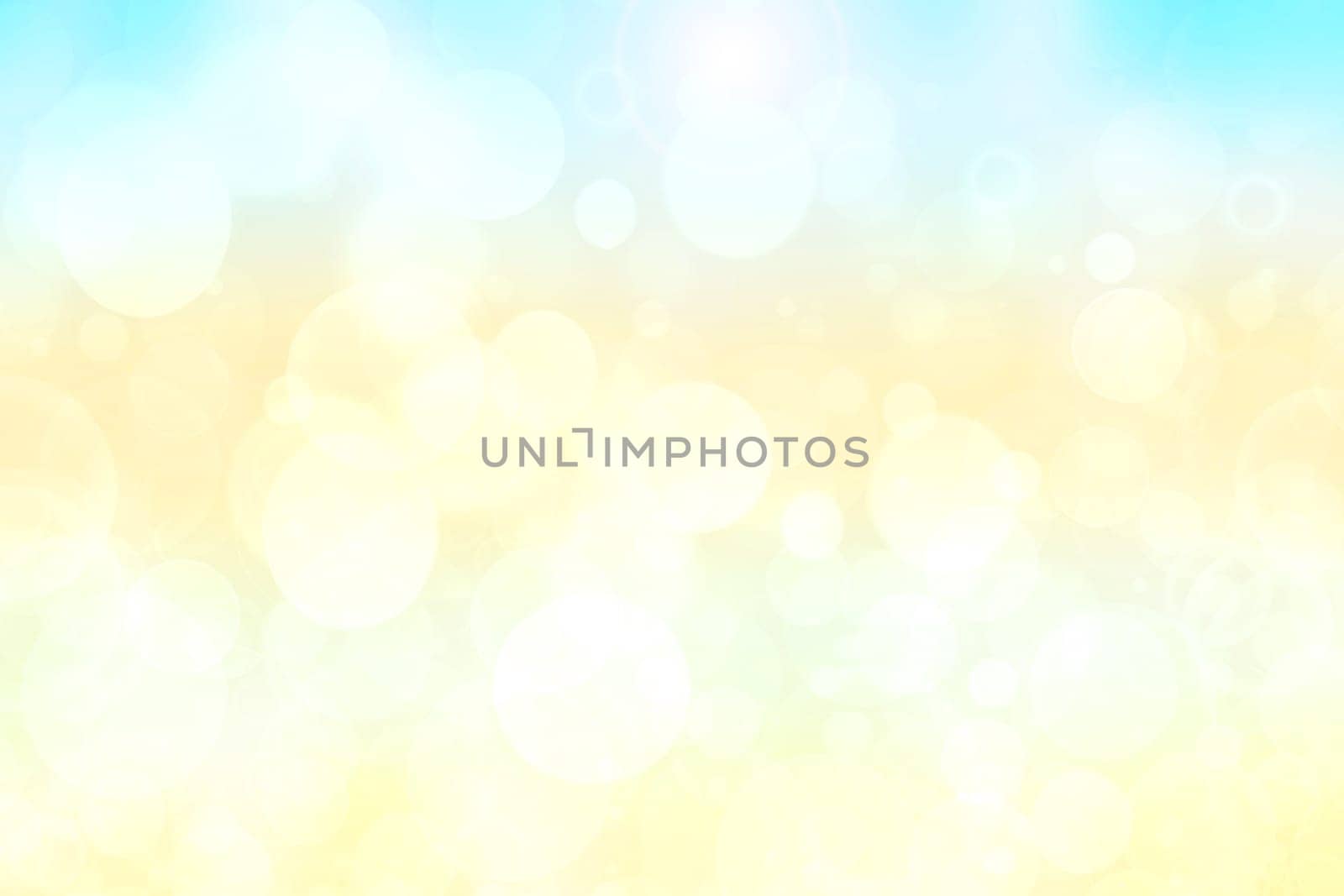 Abstract blurred fresh vivid spring summer light delicate pastel yellow blue white bokeh background texture with bright circular soft color lights. Beautiful backdrop illustration.