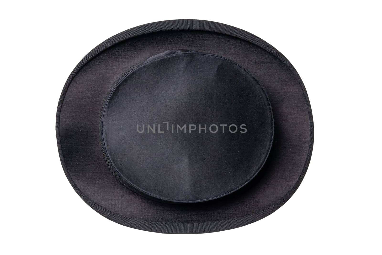 Chapeau claque. Antique black top hat. Old top hat. Folding cylinder. Cylinder hat isolated on a white background. Vintage men fashion. Clipping path.