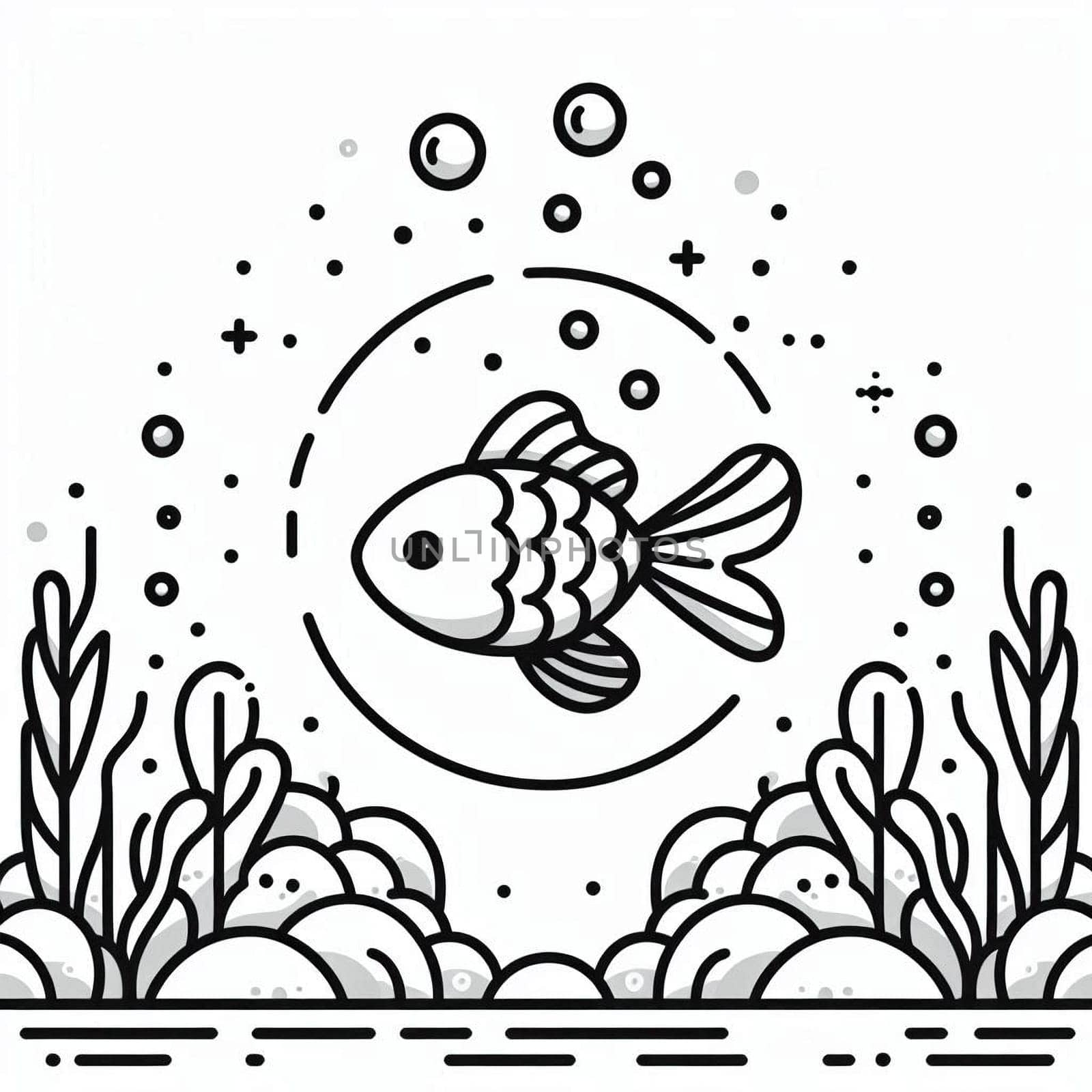 Black and white illustration of a goldfish suitable for a coloring book for children
