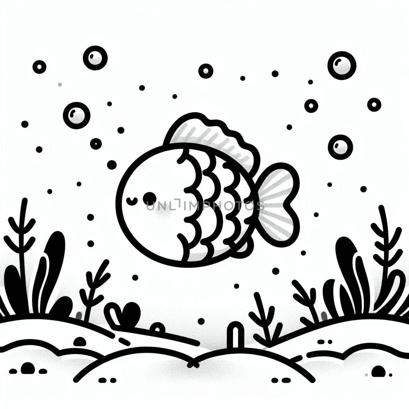 Black and white illustration of a goldfish suitable for a coloring book for children