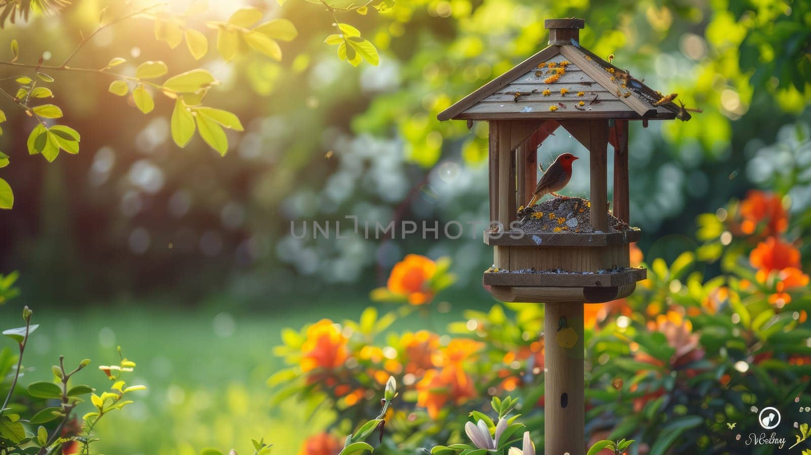 A charming wooden birdhouse stands in a living garden filled with flowers and bathed in soft morning sunlight. Flowering plants and green grass visible in the background.Copy space