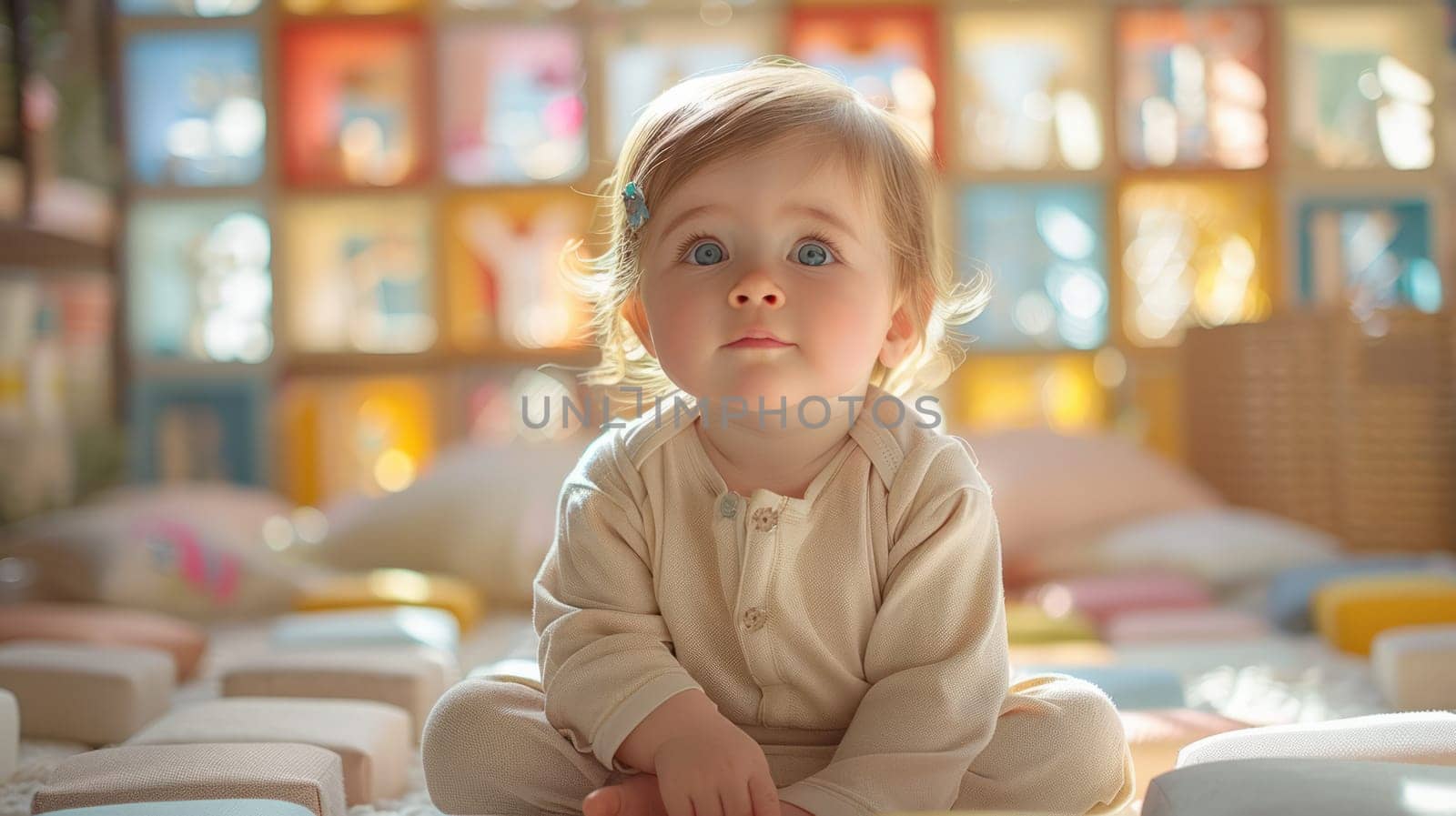 Child sitting among bright cubes on light clean floor in spacious empty bright shop with Christmas decoration