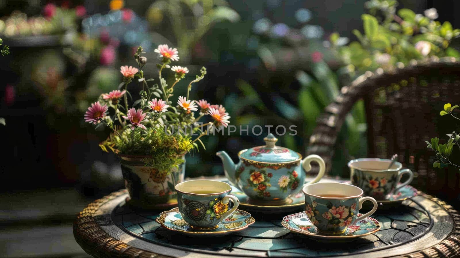 An outdoor table covered with a vintage tea set with flowers. Copy space