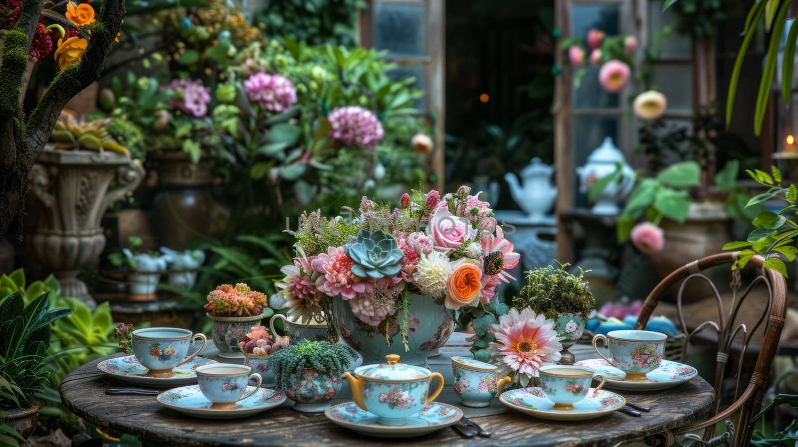 Elegant floral tea set placed on a garden table along with small potted plants, against a blurred garden background. Copy space