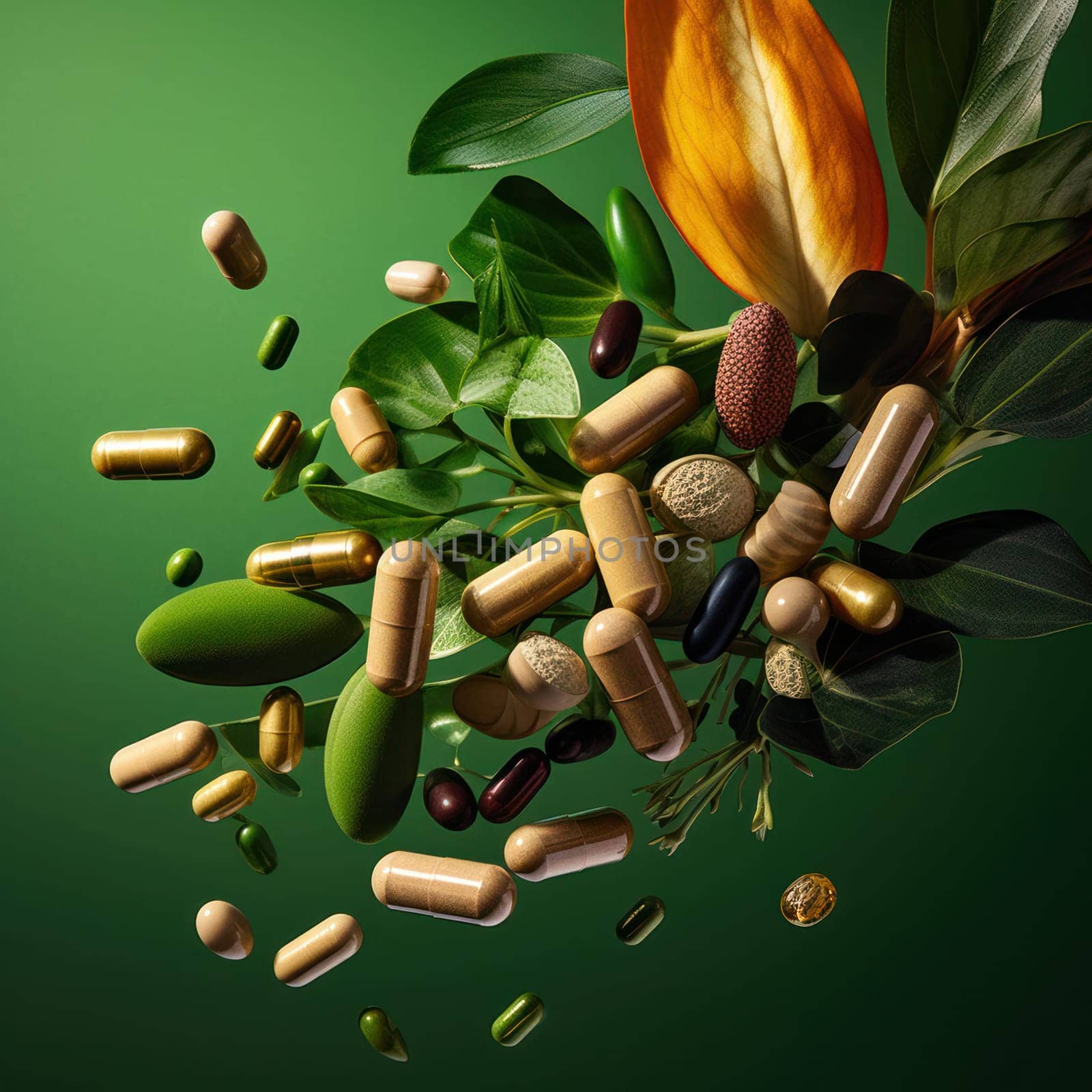 A variety of dietary supplements and pills fall on a green background with leaves, highlighting a natural and healthy theme.