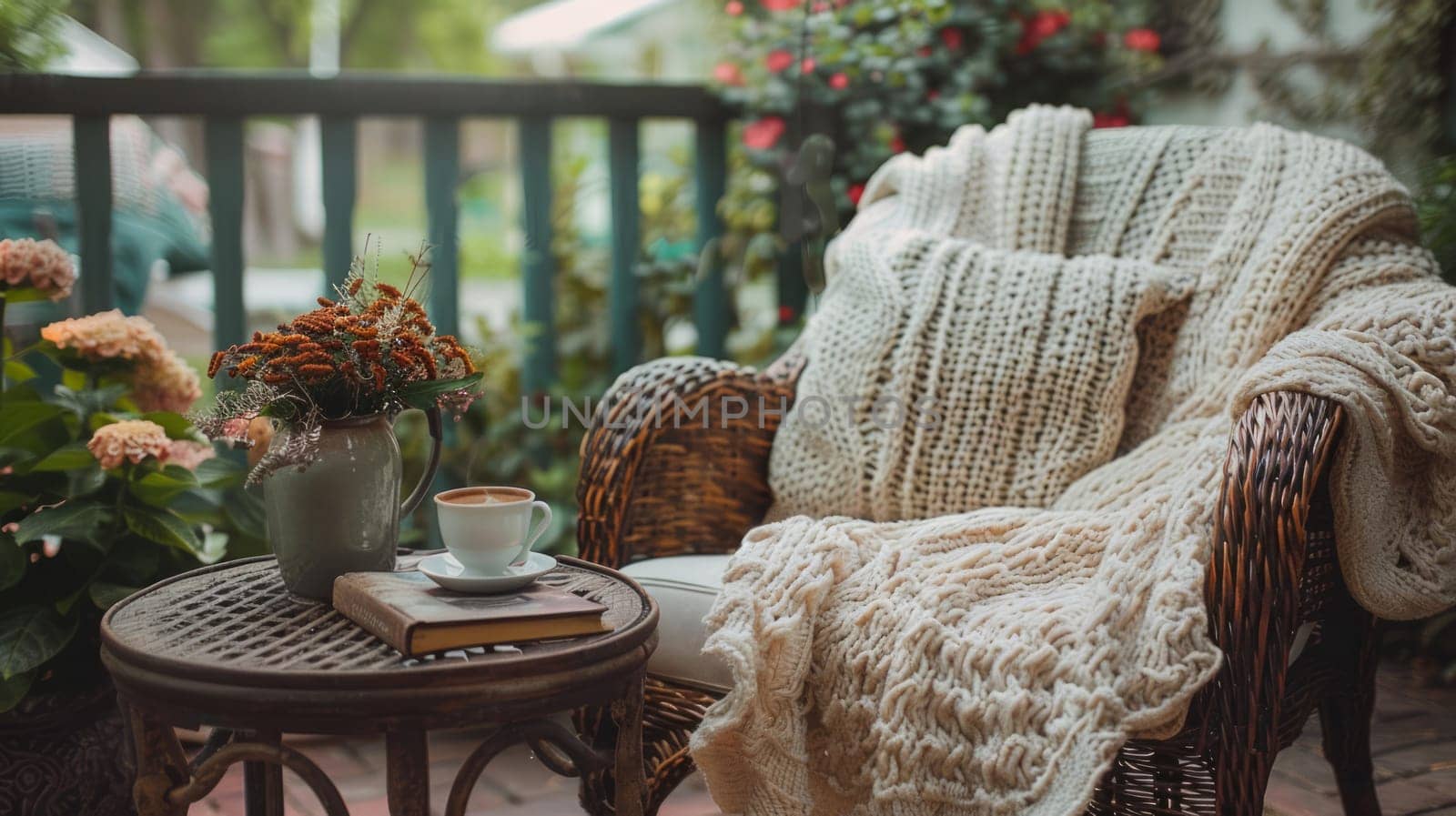 Wicker armchair with a cozy knitted beige blanket with a pillow, next to a table with a cup and a book, with a wooden railing on the veranda and a green bouquet.against the background of the garden