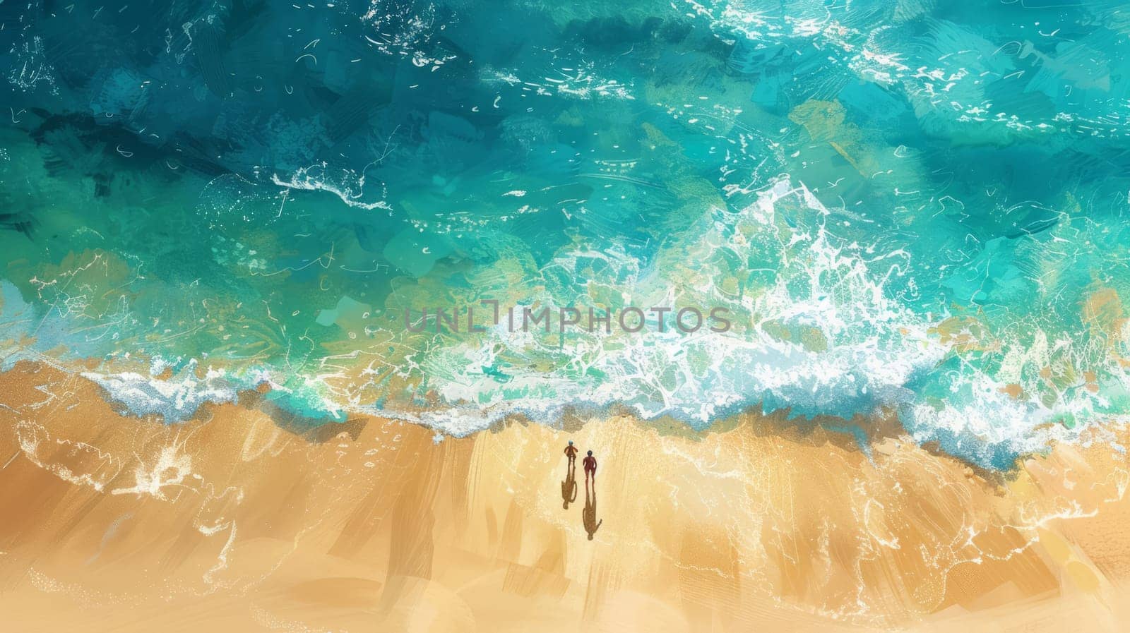 Two people on the edge of the beach with waves. View from above. The concept of leisure and travel