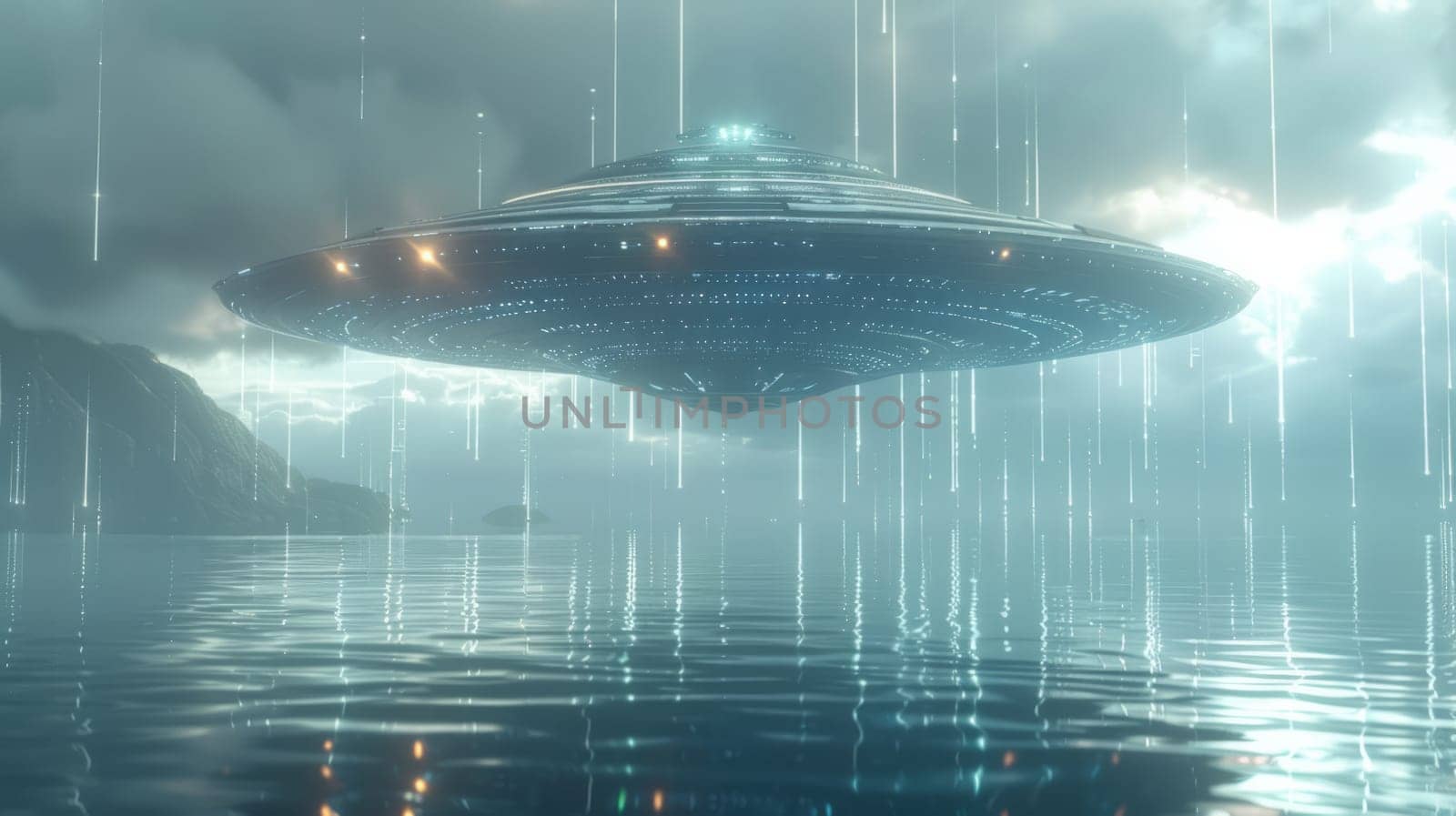 Close-up of an exotic alien spacecraft surrounded by a glowing holographic grid, hanging over the sea in fog.