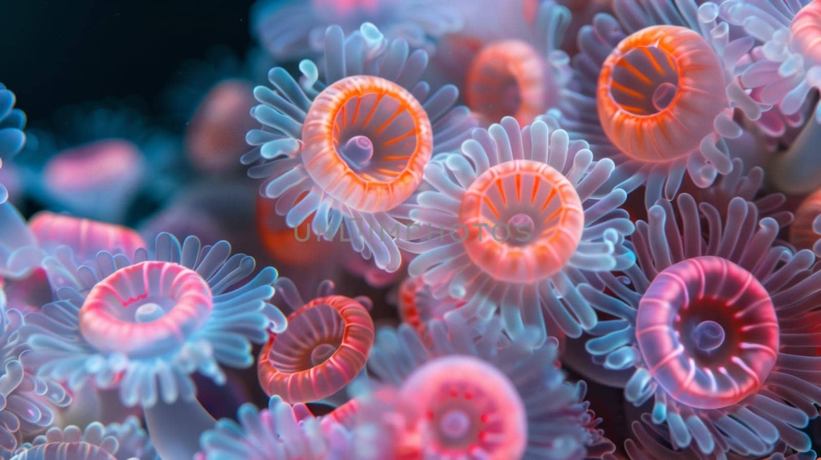 Close-up of colorful coral polyps in shades of pink, orange and blue.