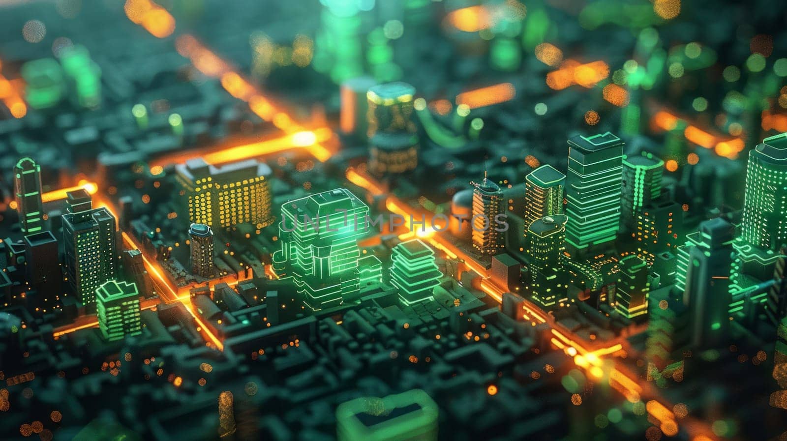 A detailed, illuminated cityscape with vibrant, glowing lights resembling a circuit board layout, showcasing a futuristic urban environment.