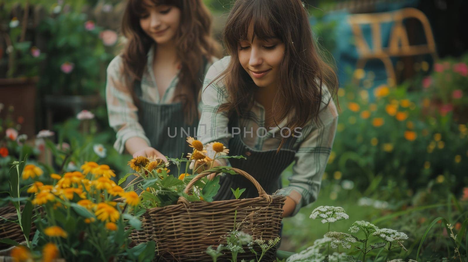 Garden scene with girls picking flowers in a wicker basket. In the background, you can see flowering plants, green grass and vintage garden furniture.
