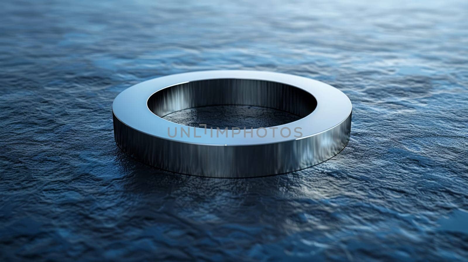 A metallic ring rests on a textured blue surface, highlighting its smooth, reflective qualities and industrial aesthetic
