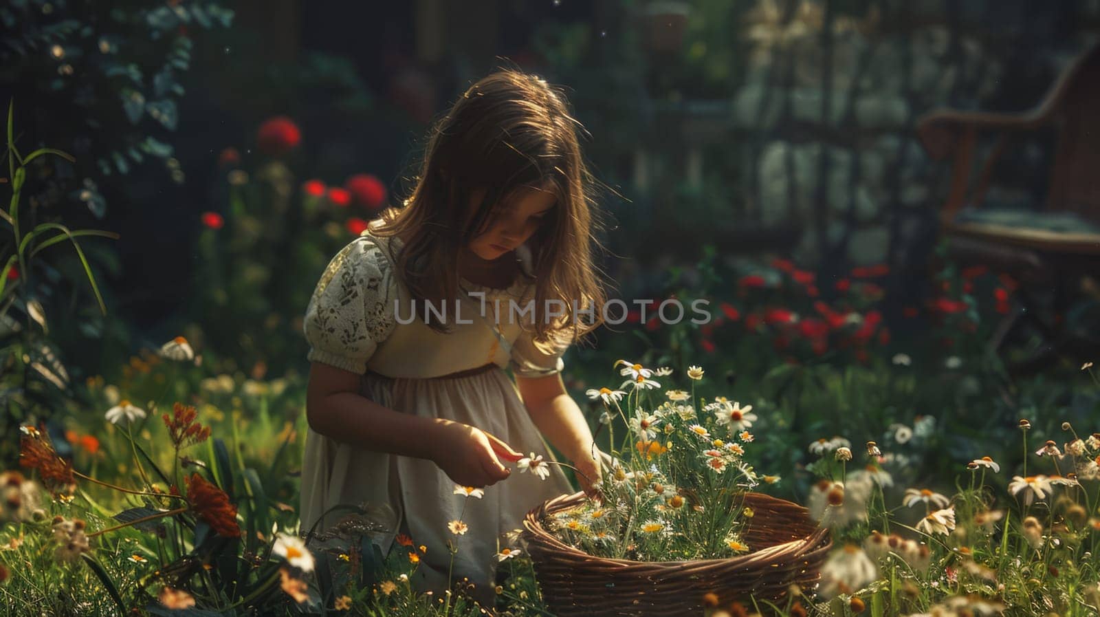 A young girl in a white dress picks flowers in a sunlit garden, surrounded by bright flowers, capturing a tender and nostalgic moment in nature. Copy space