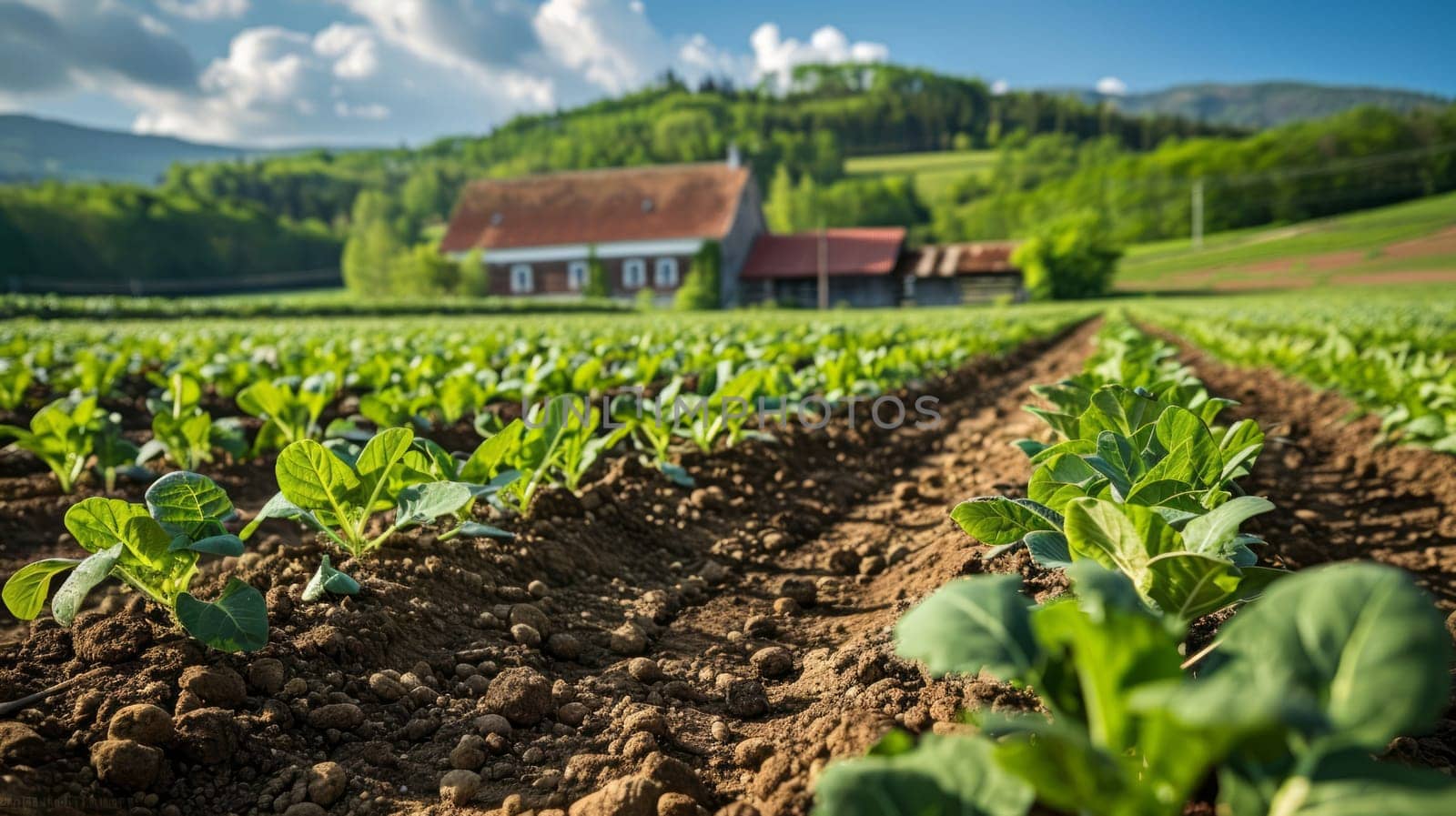 Rows of vibrant green crops stretch towards a farmhouse set in a lush, rolling landscape under a clear blue sky. Concept of agriculture and fertile land. Copy space