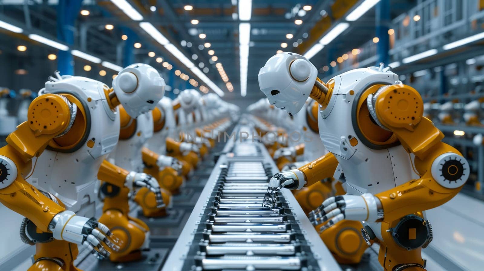 robots leaning over an empty conveyor belt of an assembly line in a factory.industrial automation concept