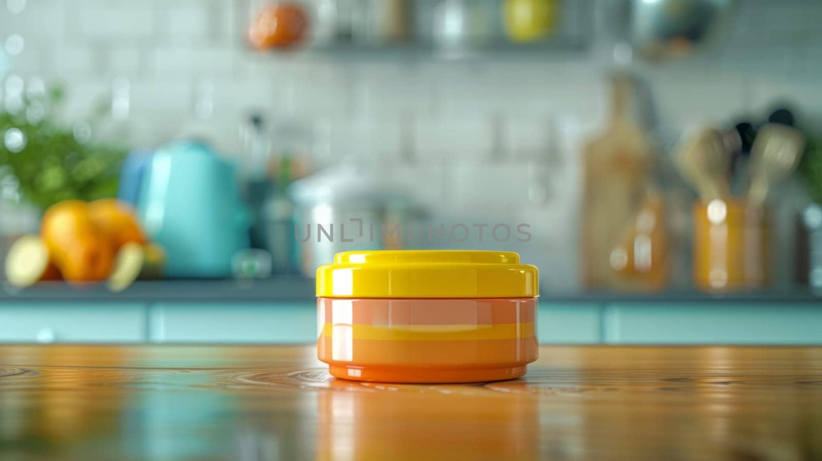 A yellow and orange kitchen container sits on a wooden table with a blurred background of kitchen items and fresh produce