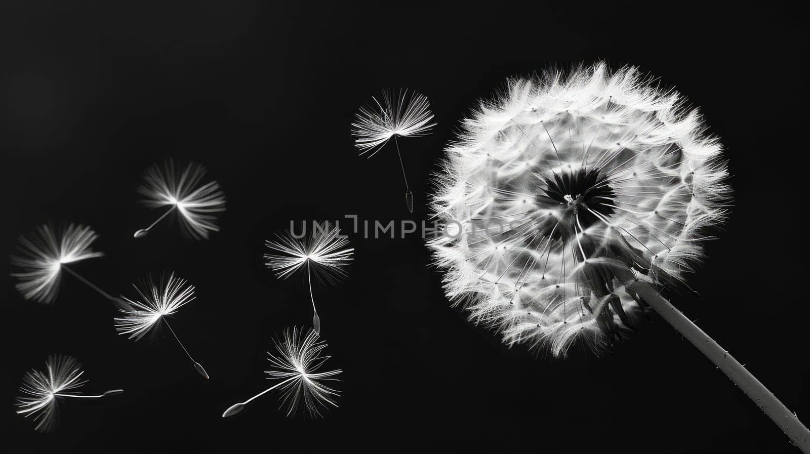 white dandelion seeds are flying, on a black solid background