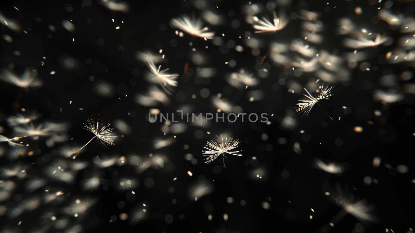 Numerous dandelion seeds flying in the dark, illuminated by soft light