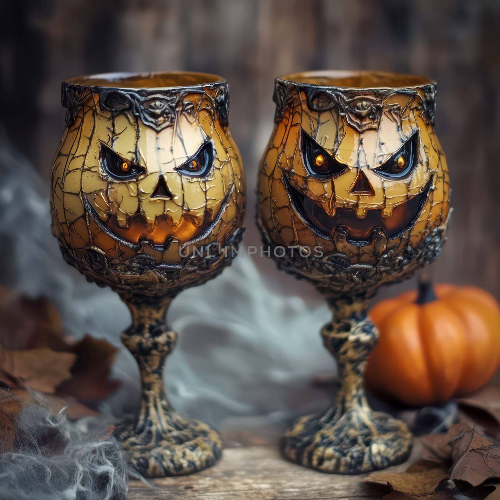 Two ornate goblets featuring Halloween pumpkin faces are set against a rustic backdrop. Nearby, a small pumpkin adds to the festive autumn atmosphere with cobwebs enhancing the mood.
