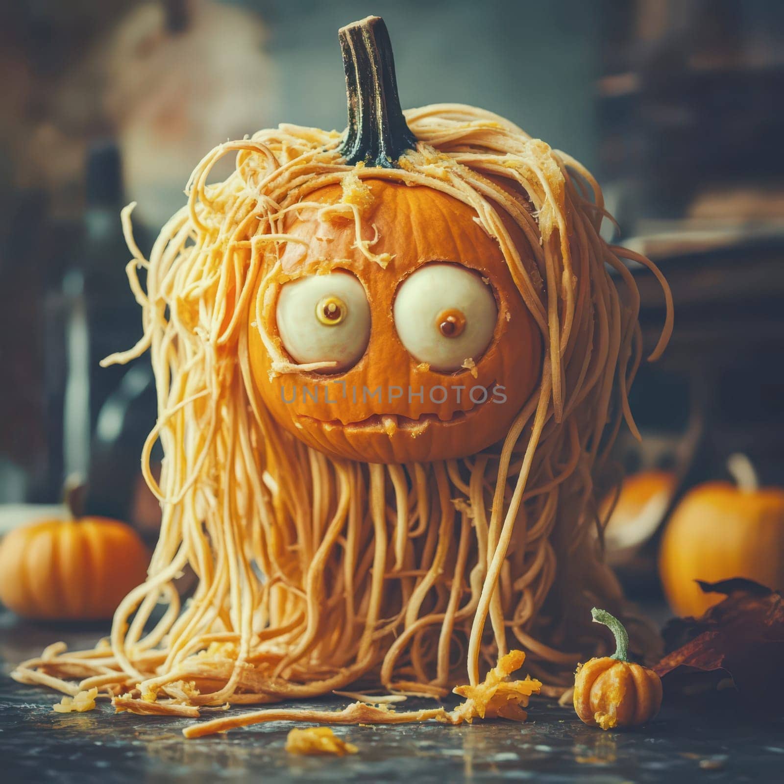 A whimsical pumpkin features a face made of pasta, resembling a playful character. This unique decoration adds a fun twist to Halloween celebrations, surrounded by small pumpkins.