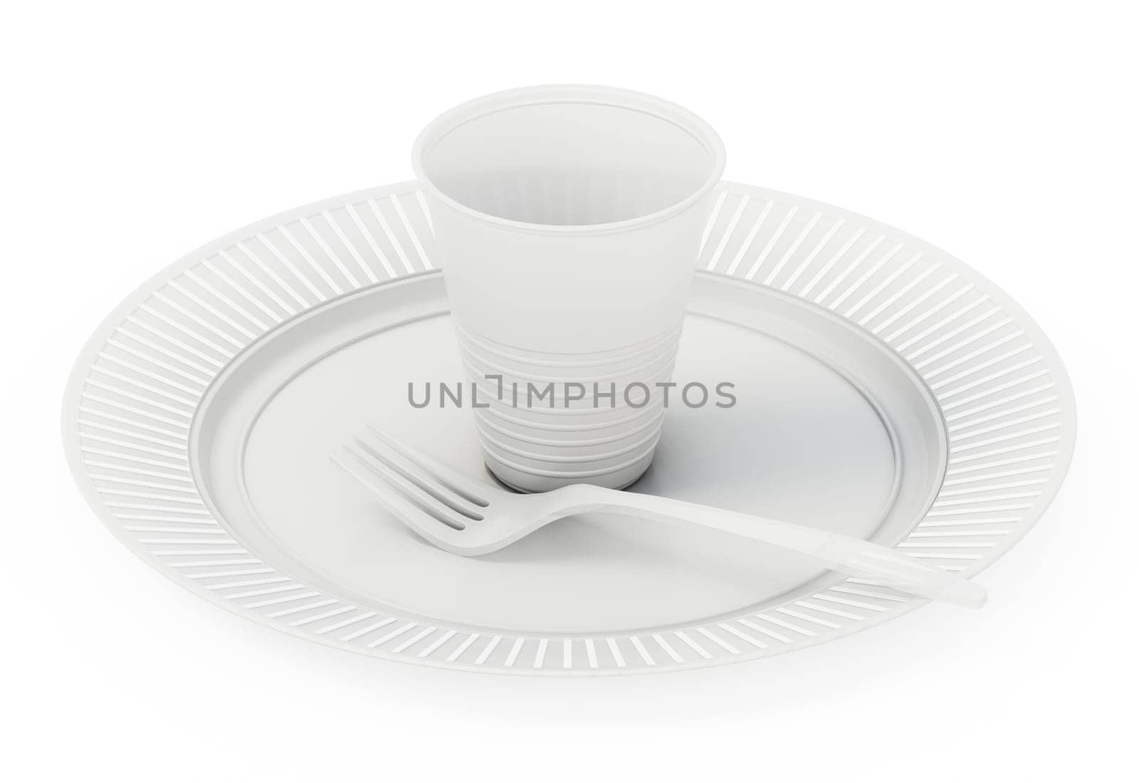 Disposable dinnerware set with plastic plate, cup, fork and knife isolated on white background. 3D illustration.