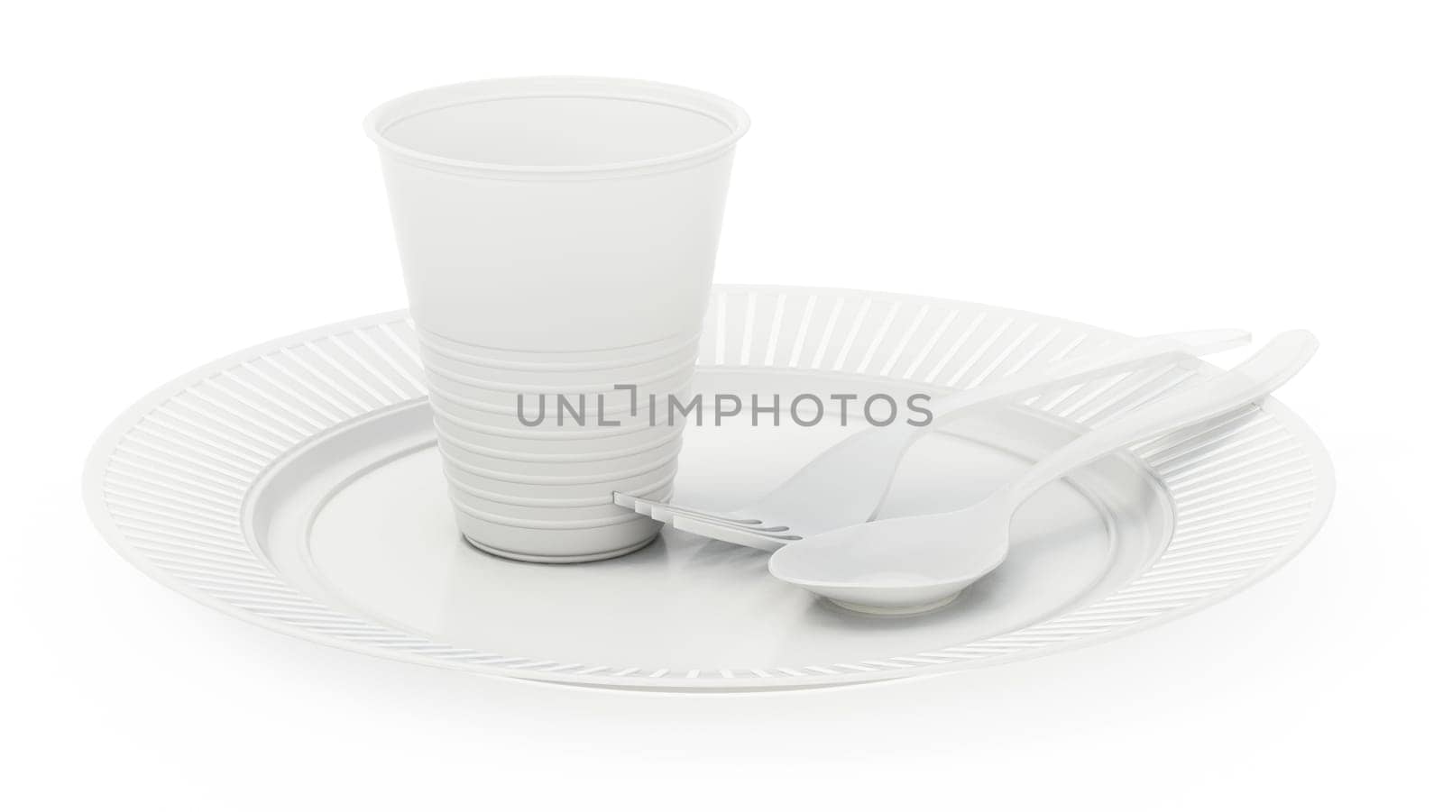 Disposable dinnerware set with plastic plate, cup, fork and knife isolated on white background. 3D illustration.