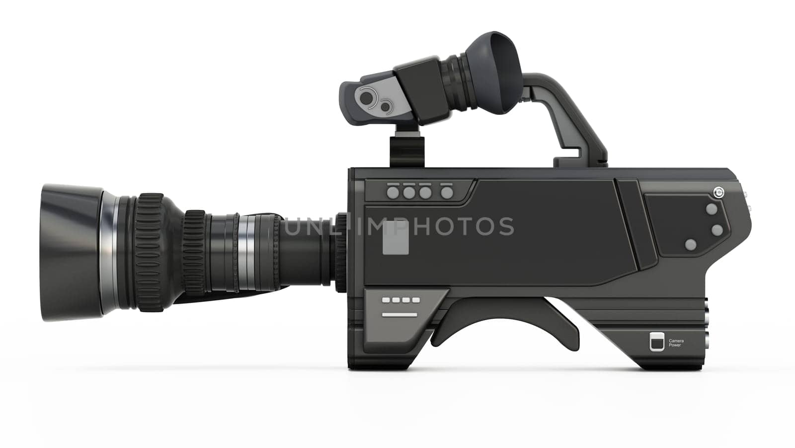 Professional video camera isolated on white background. 3D illustration.