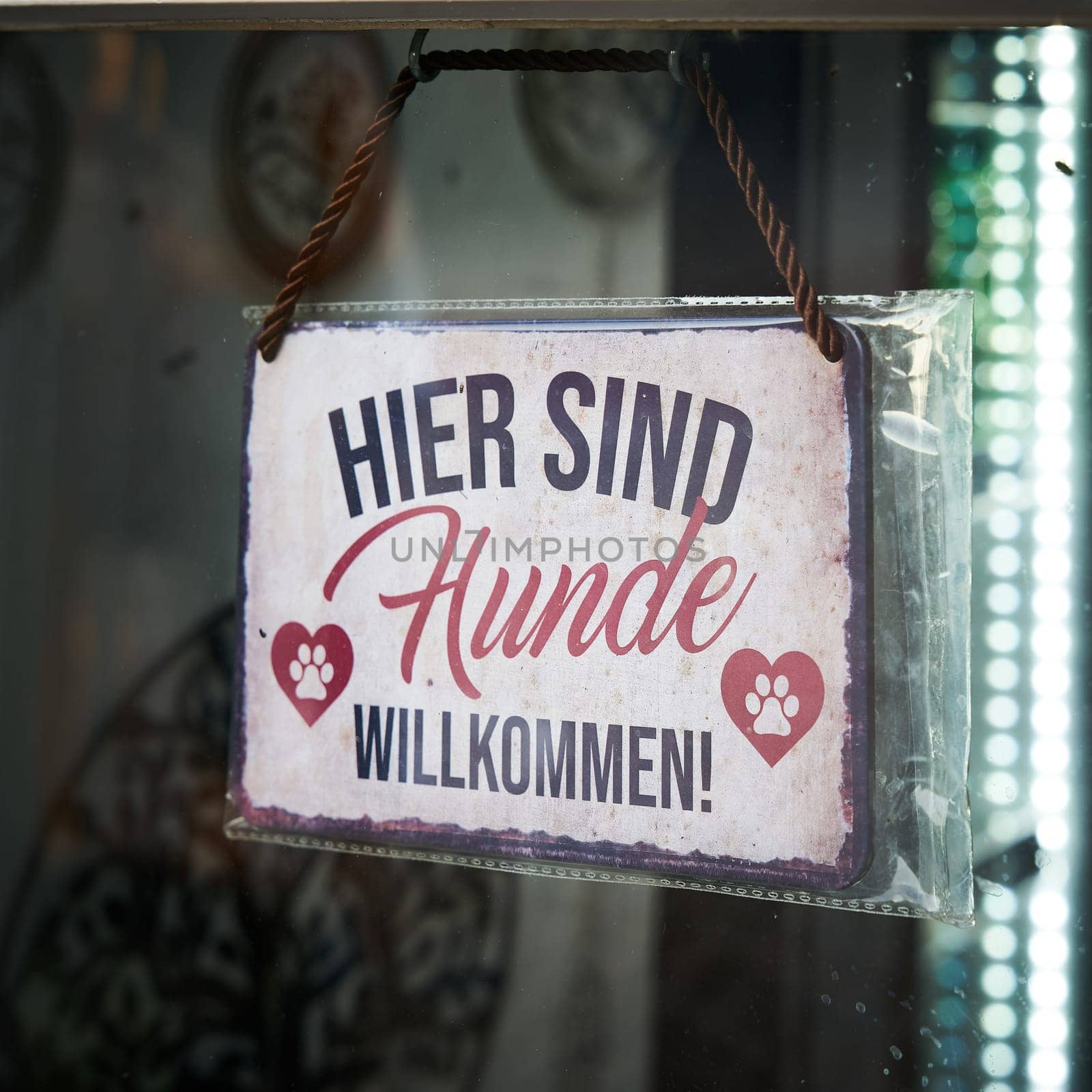 Sign with the German inscription hier sind Hunde willkommen, at a store for dog fashion in Germany. Translation: Dogs are welcome here