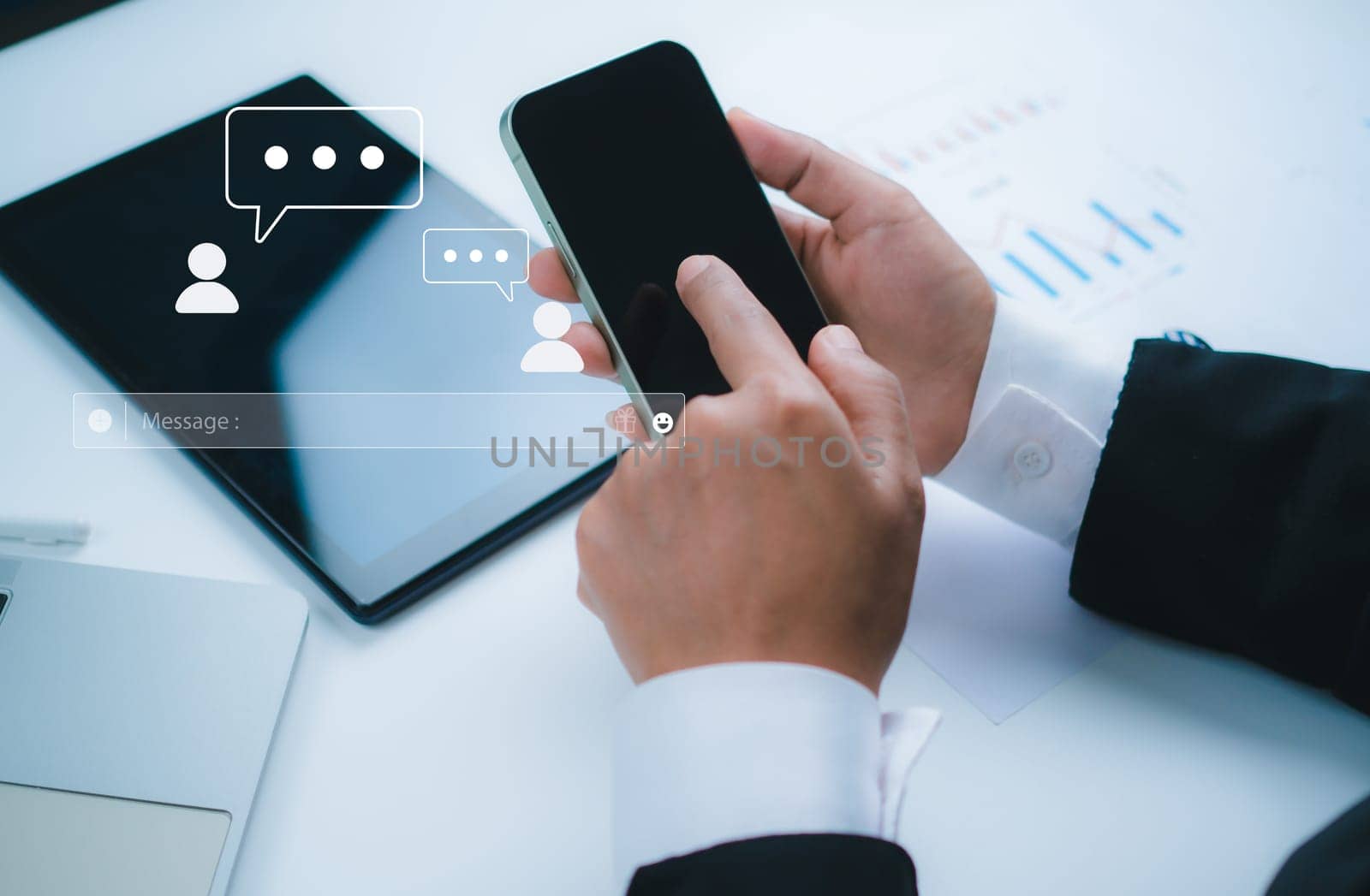 Human hand using smartphone typing, Chatting conversation in chat box icons pop up, Social media marketing concept, Chatting on application communication digital web and social network concept.