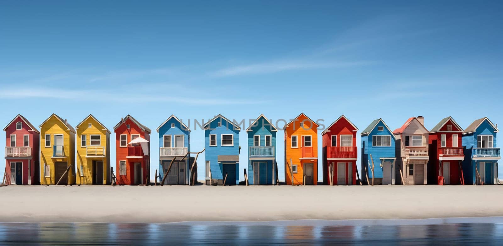 A harmonious lineup of multicolored beach townhomes on a sunny day, with people and pets enjoying the seaside