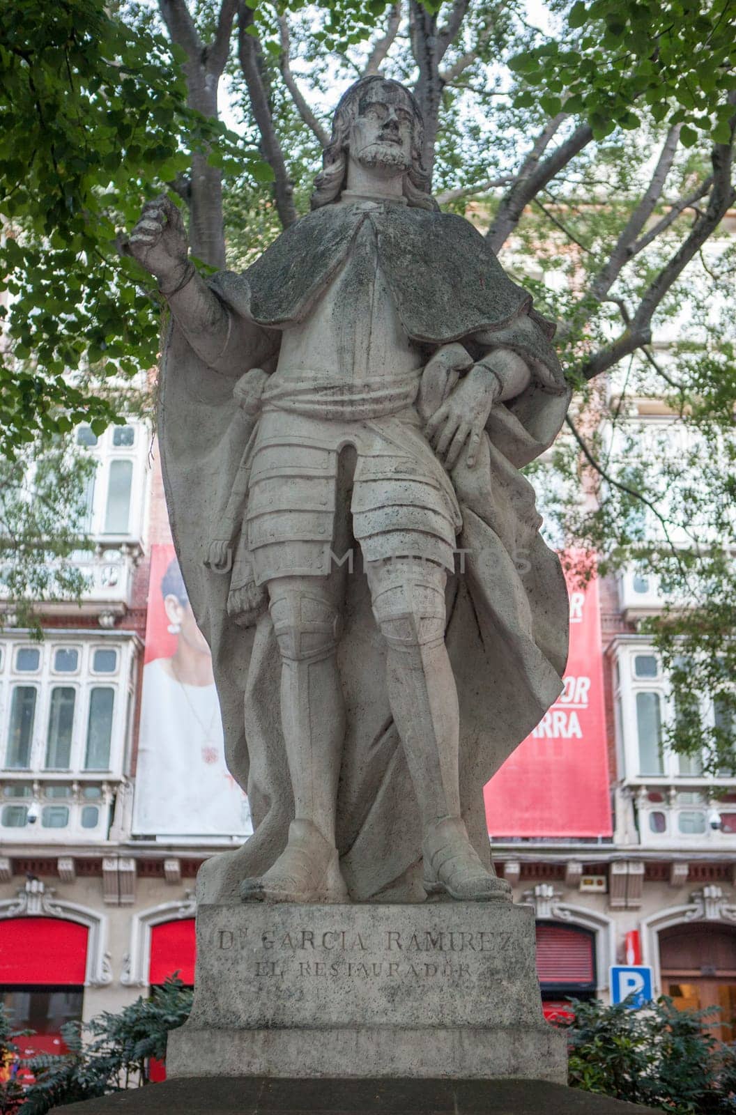 Pamplona, Spain - July 10th, 2024: Garcia Ramirez of Navarre sculpture, by Domenico Olivieri 1747, Pamplona, Spain