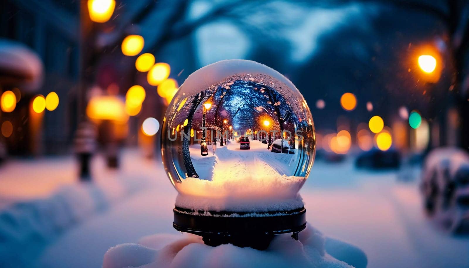 A reflective ornament lies nestled in the snow, mirroring the soft glow of warm bokeh lights that illuminate a charming winter town. The scene captures the enchanting spirit of the holiday season.