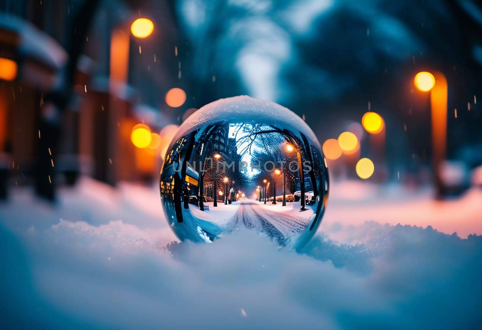A reflective ornament lies nestled in the snow, mirroring the soft glow of warm bokeh lights that illuminate a charming winter town. The scene captures the enchanting spirit of the holiday season.