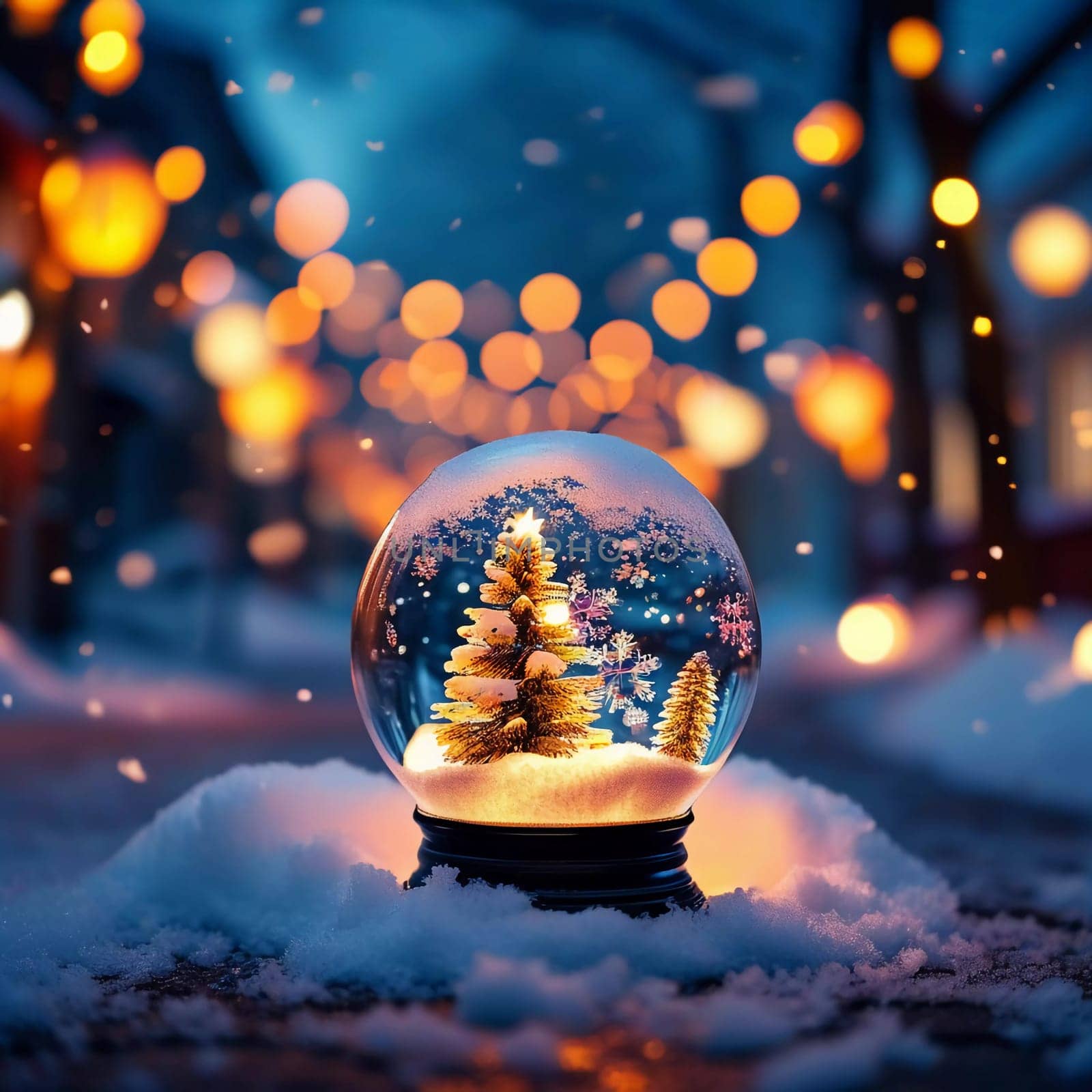 A reflective ornament lies nestled in the snow, mirroring the soft glow of warm bokeh lights that illuminate a charming winter town. The scene captures the enchanting spirit of the holiday season.