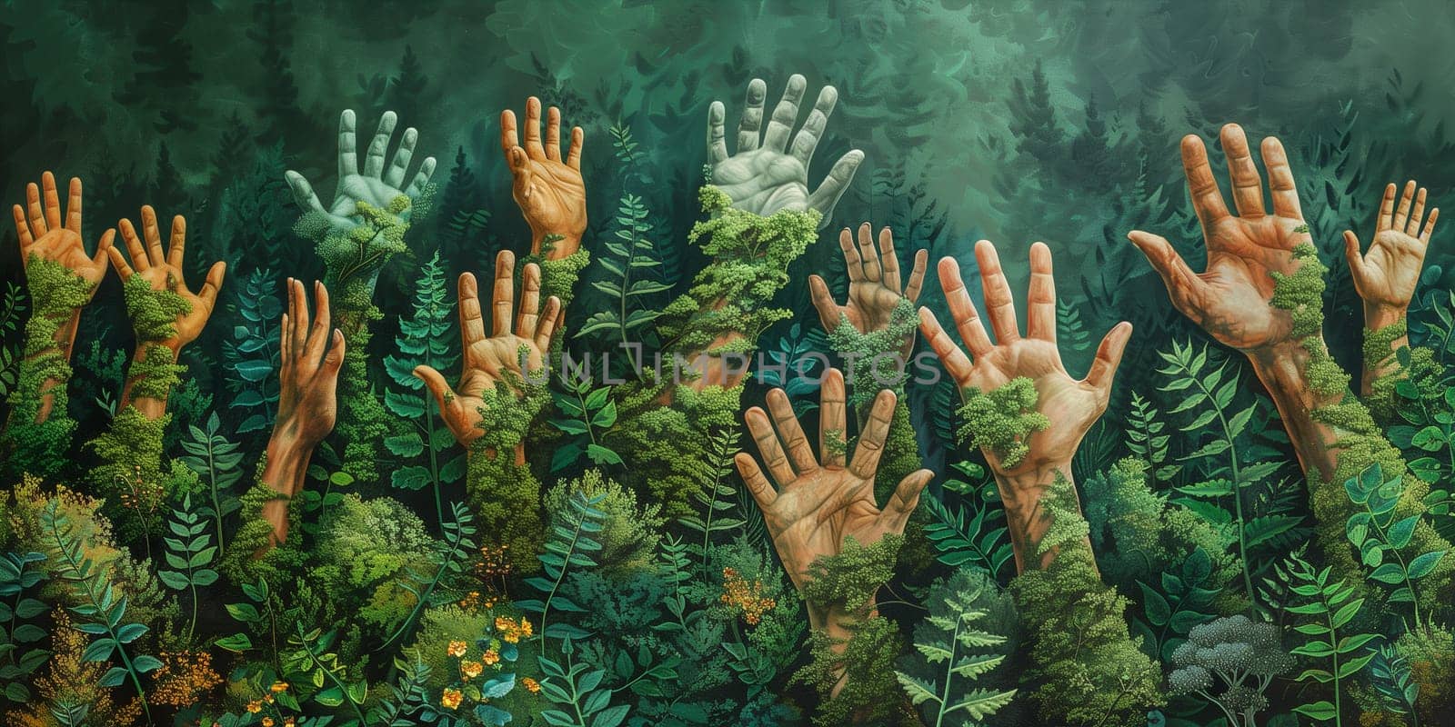 Hands raising from plants and trees, green deal, protect nature and planet earth, sustainable lifestyle, ecology and environment, team of volunteers