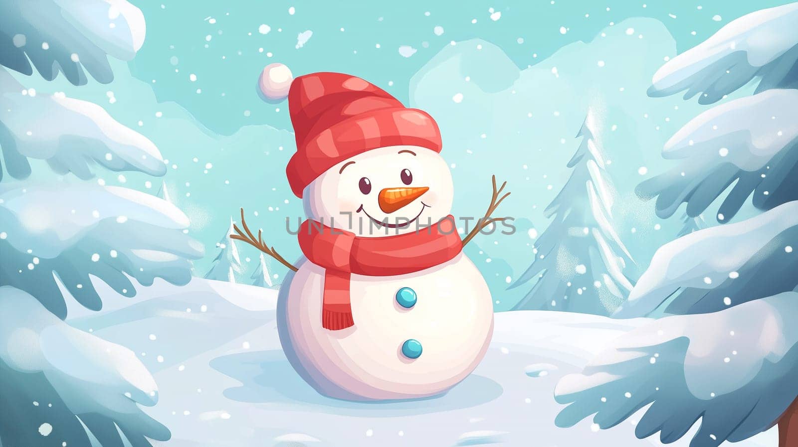 Happy smiling snowman with a wool hat and scarf in a snow covered landscape, christmas holiday, winter season