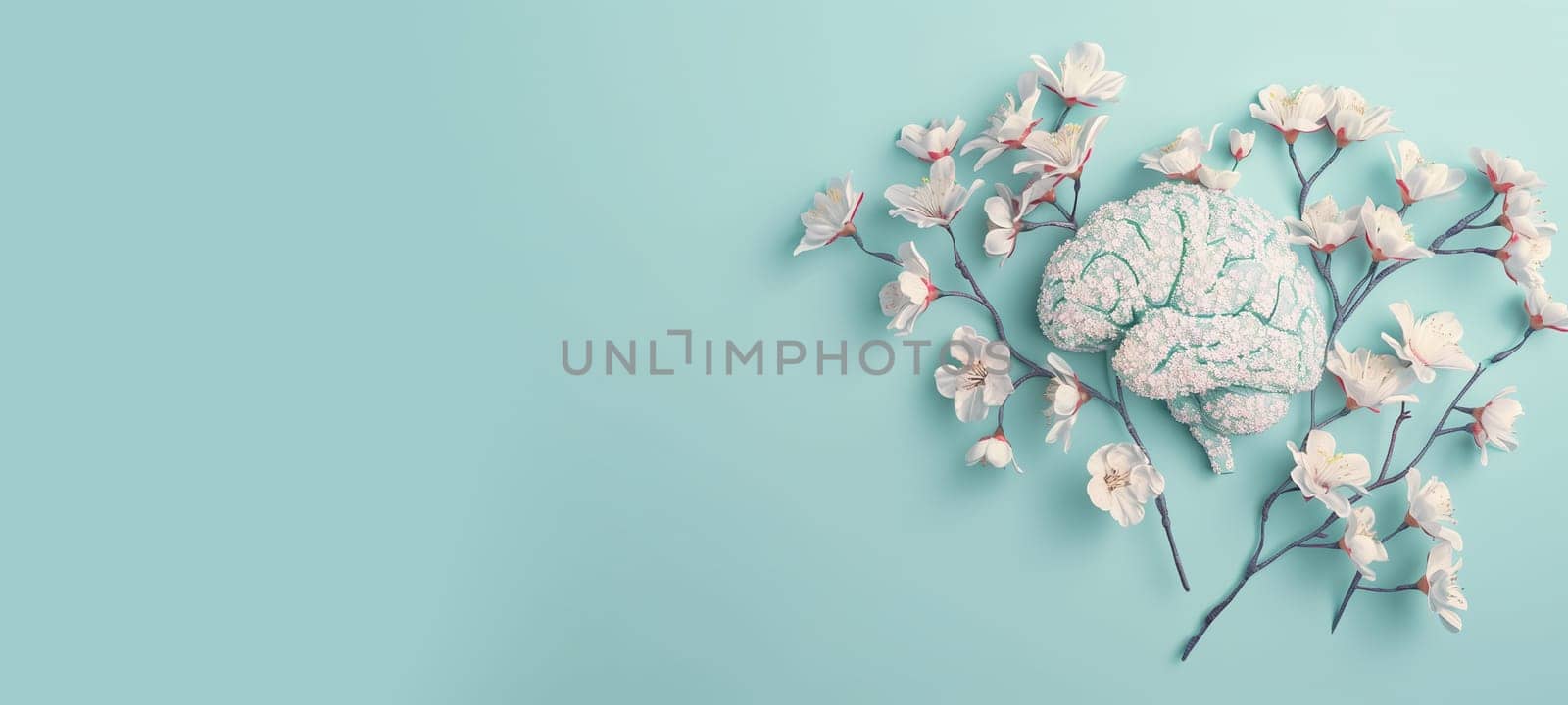 Human brain, mental health concept, positive attitude and inspiration, creative thinking mind, flowers, pastel color