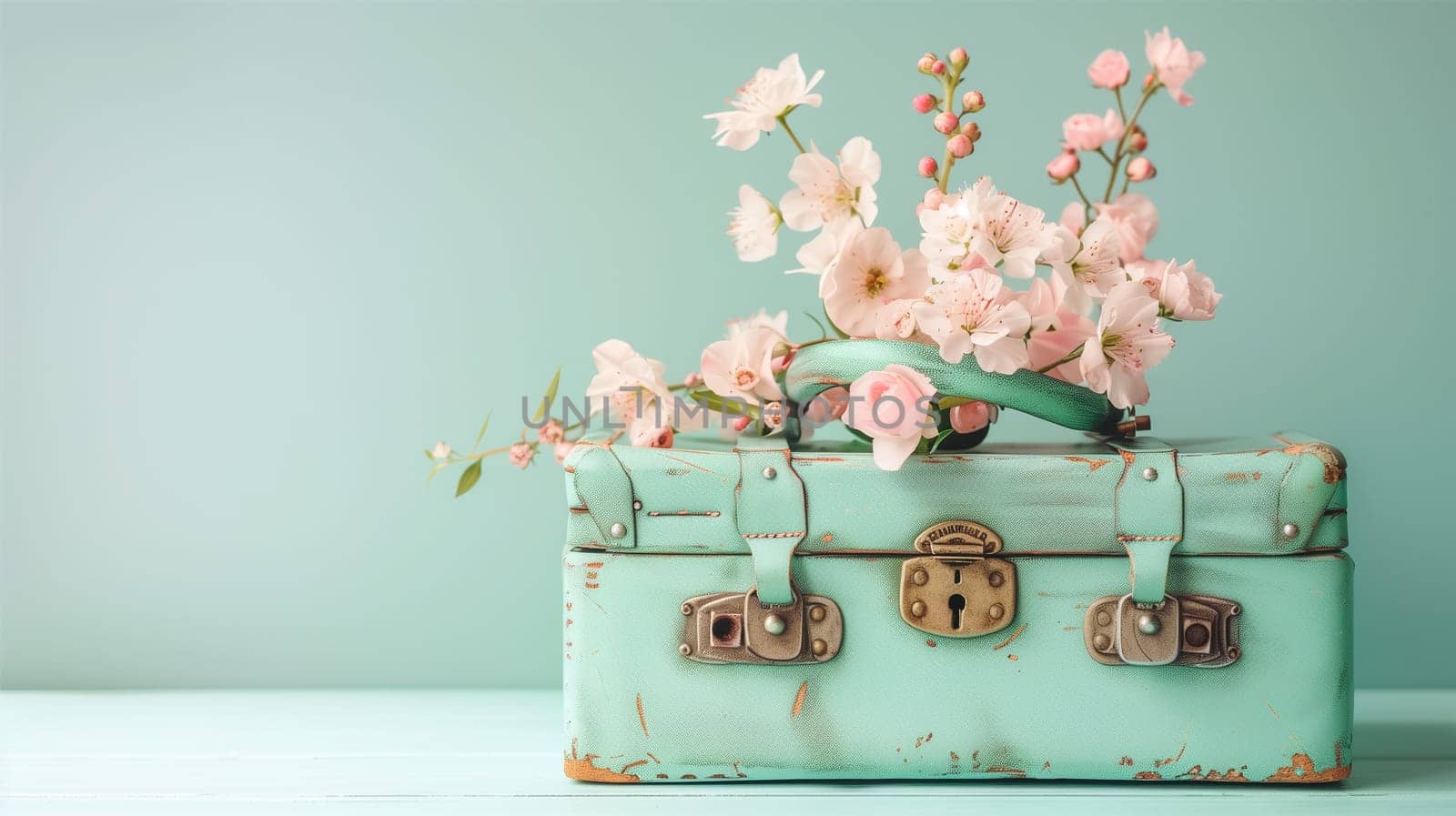 Suitcase filled with spring and summer flowers, pastel color, creative positive lifestyle, self care and traveling concept