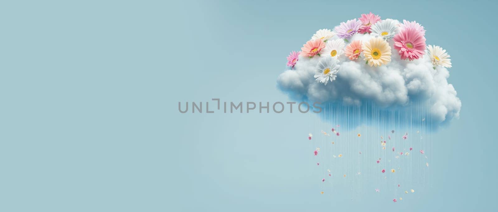 Colorful flowers raining from a cloud, puring positive thoughts, emotion and attitude, hope and self care concept