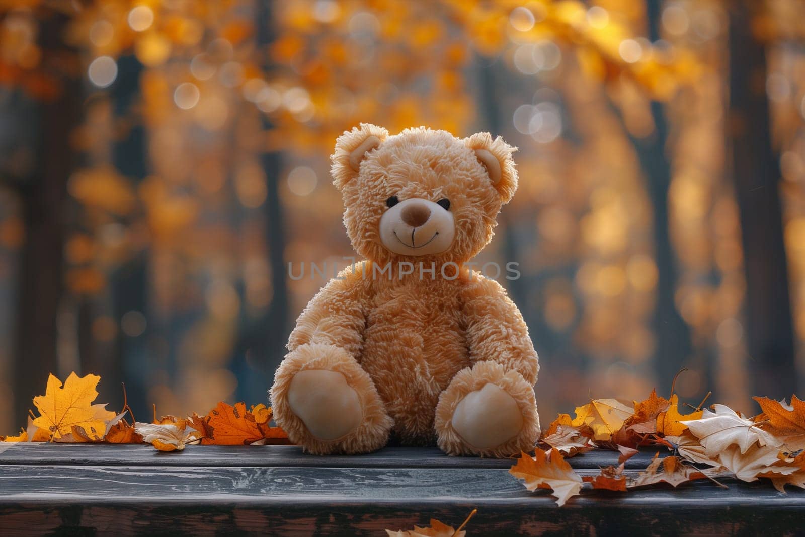 Teddy bear sitting on a park bench, forgotten lonely child toy with wet fur, rainy day in autumn